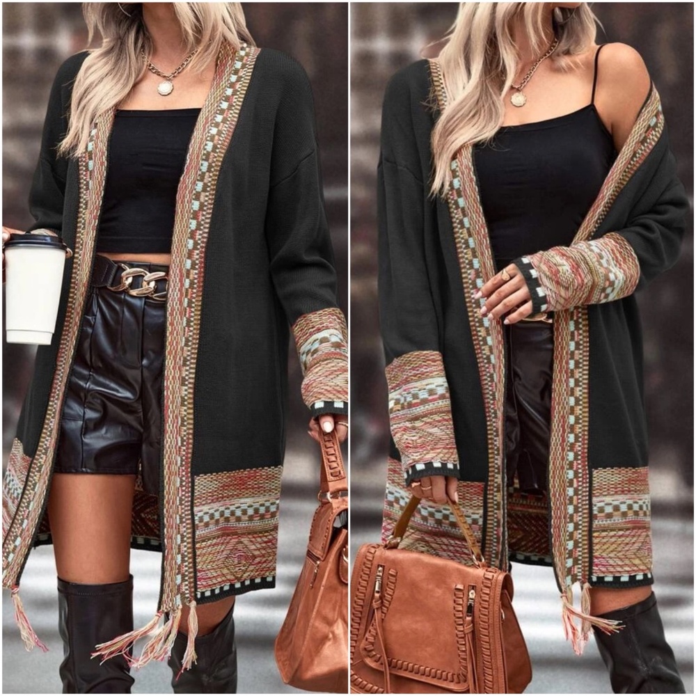 Cozy Geo Western open Front Tassel Hem Cardigan - Picture 2 of 5
